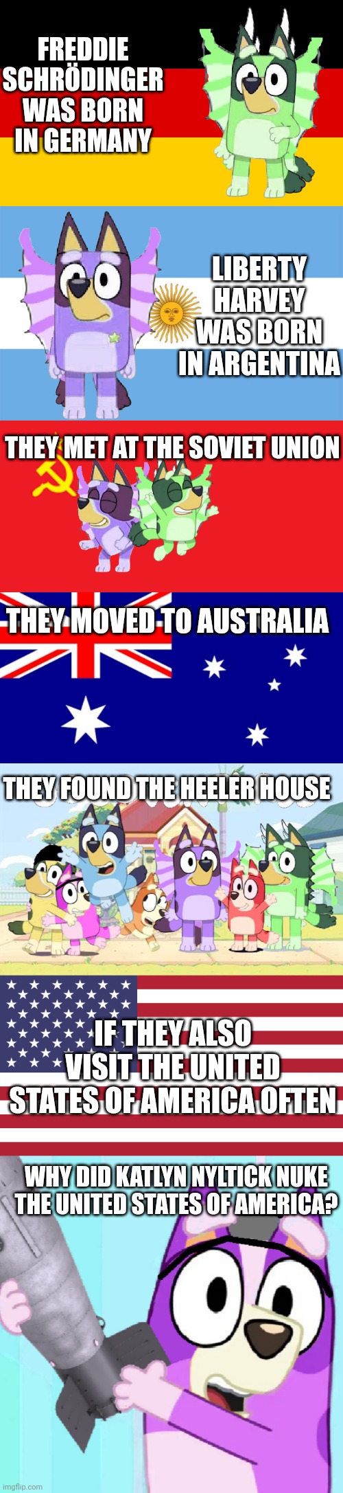 And Katlyn Nukes the United States Again | FREDDIE SCHRÖDINGER WAS BORN IN GERMANY; LIBERTY HARVEY WAS BORN IN ARGENTINA; THEY MET AT THE SOVIET UNION; THEY MOVED TO AUSTRALIA; THEY FOUND THE HEELER HOUSE; IF THEY ALSO VISIT THE UNITED STATES OF AMERICA OFTEN; WHY DID KATLYN NYLTICK NUKE THE UNITED STATES OF AMERICA? | image tagged in germany,argentina,soviet union flag,australia flag,do you know their names,flag of usa | made w/ Imgflip meme maker