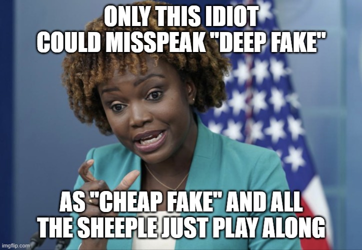 Press Secretary Karine Jean-Pierre | ONLY THIS IDIOT COULD MISSPEAK "DEEP FAKE" AS "CHEAP FAKE" AND ALL THE SHEEPLE JUST PLAY ALONG | image tagged in press secretary karine jean-pierre | made w/ Imgflip meme maker