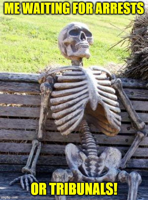 Waiting Skeleton Meme | ME WAITING FOR ARRESTS; OR TRIBUNALS! | image tagged in memes,waiting skeleton | made w/ Imgflip meme maker