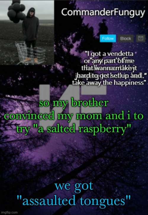 fr | so my brother convinced my mom and i to try "a salted raspberry"; we got "assaulted tongues" | image tagged in commanderfunguy nf template thx yachi | made w/ Imgflip meme maker