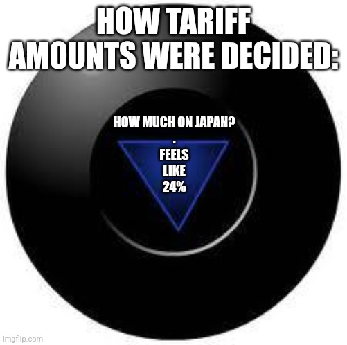 tariffs | HOW TARIFF AMOUNTS WERE DECIDED:; HOW MUCH ON JAPAN?
.
FEELS
LIKE
24% | image tagged in magic 8 ball,decisions,tariffs | made w/ Imgflip meme maker