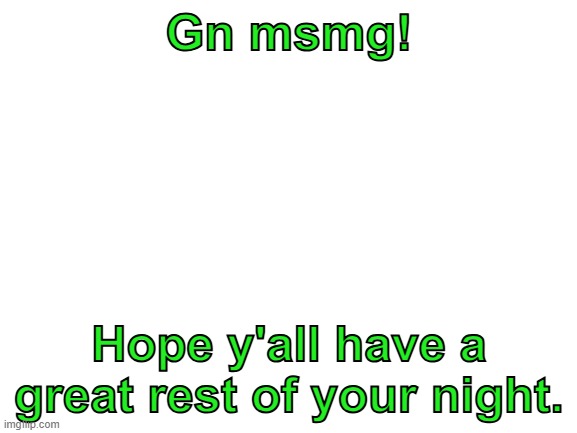 gn | Gn msmg! Hope y'all have a great rest of your night. | image tagged in blank white template | made w/ Imgflip meme maker