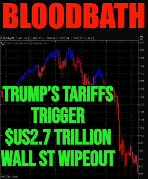 Trump’s tariffs trigger $US2.7 trillion Wall St wipeout | BLOODBATH; TRUMP’S TARIFFS
TRIGGER
$US2.7 TRILLION
WALL ST WIPEOUT | image tagged in stock crash,wall street,stock market,tariffs,breaking news,donald trump | made w/ Imgflip meme maker