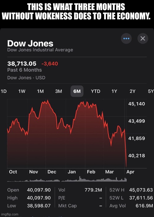 The line going straight down like that is a good thing, right? | THIS IS WHAT THREE MONTHS WITHOUT WOKENESS DOES TO THE ECONOMY. | image tagged in recession,donald trump,tariffs,pronouns | made w/ Imgflip meme maker