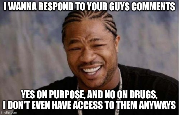 comment response | I WANNA RESPOND TO YOUR GUYS COMMENTS; YES ON PURPOSE, AND NO ON DRUGS, I DON'T EVEN HAVE ACCESS TO THEM ANYWAYS | image tagged in memes,yo dawg heard you | made w/ Imgflip meme maker