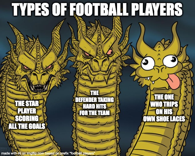 football be like | TYPES OF FOOTBALL PLAYERS; THE DEFENDER TAKING HARD HITS FOR THE TEAM; THE ONE WHO TRIPS ON HIS OWN SHOE LACES; THE STAR PLAYER SCORING ALL THE GOALS | image tagged in three-headed dragon | made w/ Imgflip meme maker