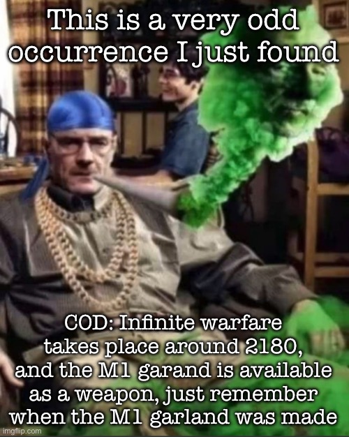 Waltuh | This is a very odd occurrence I just found; COD: Infinite warfare takes place around 2180, and the M1 garand is available as a weapon, just remember when the M1 garland was made | image tagged in waltuh,msmg | made w/ Imgflip meme maker