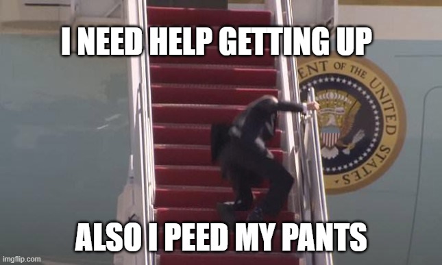 biden in a nutshell | I NEED HELP GETTING UP; ALSO I PEED MY PANTS | image tagged in biden fall | made w/ Imgflip meme maker
