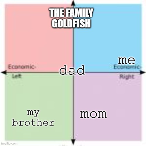 childhood political spectrum of the family | THE FAMILY GOLDFISH; dad; me; mom; my brother | image tagged in 4-square political compass | made w/ Imgflip meme maker