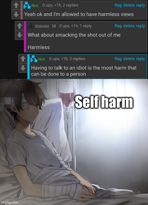 me rn | Self harm | image tagged in anime boy hospital | made w/ Imgflip meme maker