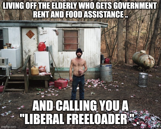 TrumpBillies | LIVING OFF THE ELDERLY WHO GETS GOVERNMENT 
RENT AND FOOD ASSISTANCE .. AND CALLING YOU A "LIBERAL FREELOADER " . | image tagged in trailer trash,trash | made w/ Imgflip meme maker