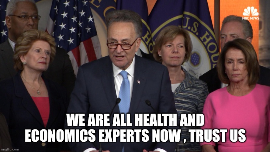 Democrat congressmen | WE ARE ALL HEALTH AND ECONOMICS EXPERTS NOW , TRUST US | image tagged in democrat congressmen | made w/ Imgflip meme maker