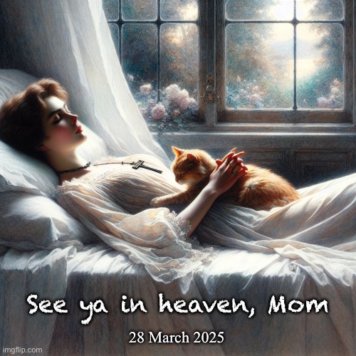 Donna Jo — it’s time to go | 28 March 2025; See ya in heaven, Mom | image tagged in memes,god fearing christians go to heaven,in her glorified body,glory to god,you finished ghe race mom | made w/ Imgflip meme maker