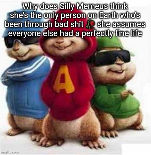 Stupid!! | Why does Silly Memeus think she's the only person on Earth who's been through bad shit 🥀 she assumes everyone else had a perfectly fine life | image tagged in alvin and the madafakas | made w/ Imgflip meme maker