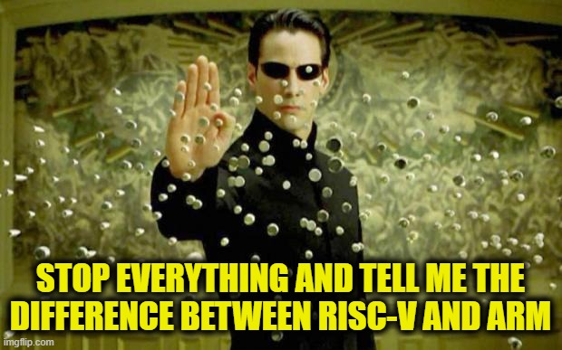 matrix | STOP EVERYTHING AND TELL ME THE
DIFFERENCE BETWEEN RISC-V AND ARM | image tagged in matrix | made w/ Imgflip meme maker