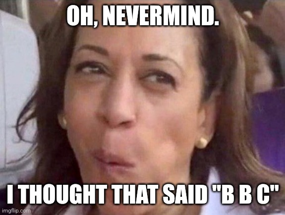 Kamala Harris | OH, NEVERMIND. I THOUGHT THAT SAID "B B C" | image tagged in kamala harris | made w/ Imgflip meme maker