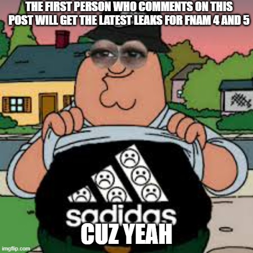 Sadidas | THE FIRST PERSON WHO COMMENTS ON THIS POST WILL GET THE LATEST LEAKS FOR FNAM 4 AND 5; CUZ YEAH | image tagged in sadidas | made w/ Imgflip meme maker