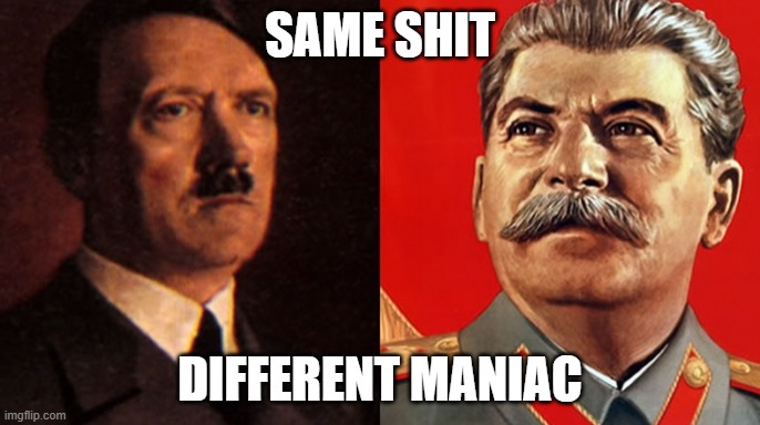 hitler and stalin are pieces of shit | SAME SHIT; DIFFERENT MANIAC | image tagged in hitler/stalin | made w/ Imgflip meme maker