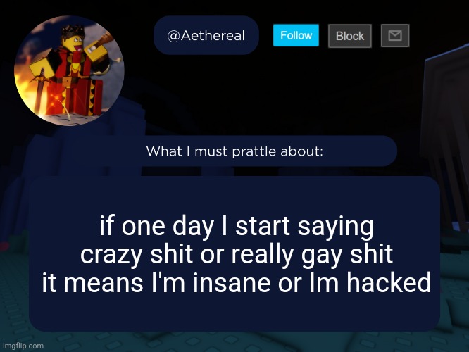 aethereal's forsaken template | if one day I start saying crazy shit or really gay shit
it means I'm insane or Im hacked | image tagged in aethereal's forsaken template | made w/ Imgflip meme maker