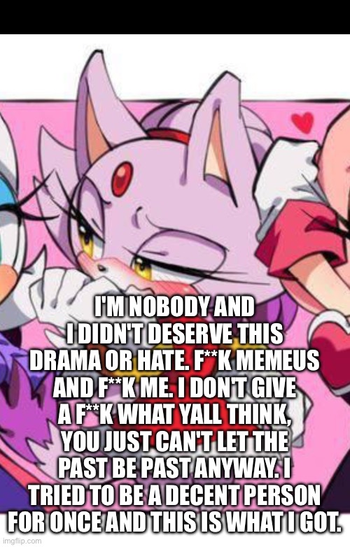 DICK WORTHY BLAZE KITTY CAT! | I'M NOBODY AND I DIDN'T DESERVE THIS DRAMA OR HATE. F**K MEMEUS AND F**K ME. I DON'T GIVE A F**K WHAT YALL THINK, YOU JUST CAN'T LET THE PAST BE PAST ANYWAY. I TRIED TO BE A DECENT PERSON FOR ONCE AND THIS IS WHAT I GOT. | image tagged in dick worthy blaze kitty cat | made w/ Imgflip meme maker