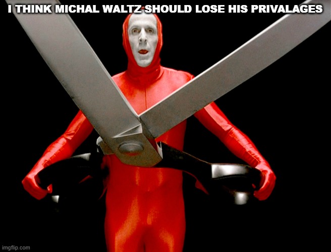 big lebowski scissors | I THINK MICHAL WALTZ SHOULD LOSE HIS PRIVALAGES | image tagged in big lebowski scissors | made w/ Imgflip meme maker