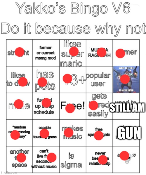 Yakko’s Bingo V6 | STILL AM; GUN | image tagged in yakko s bingo v6 | made w/ Imgflip meme maker