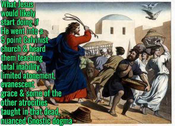 What He'd Likely Do | What Jesus would likely start doing if He went into a 5 point Calvinist church & heard them teaching total inability, limited atonement, evanescent grace & some of the other atrocities taught in that dead, nuanced Gnostic dogma | image tagged in jesus-whip-you,what jesus would likely do,calvinism,arminian,molinism,reformed theology 5 point calvinists | made w/ Imgflip meme maker