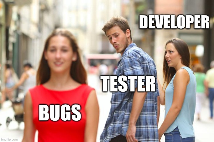 Distracted Boyfriend | DEVELOPER; TESTER; BUGS | image tagged in memes | made w/ Imgflip meme maker