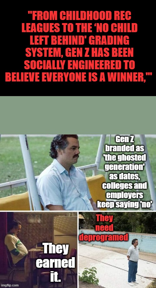 DEI in all its glory, destroyed a generation needing deprogramed | "FROM CHILDHOOD REC LEAGUES TO THE ‘NO CHILD LEFT BEHIND' GRADING SYSTEM, GEN Z HAS BEEN SOCIALLY ENGINEERED TO BELIEVE EVERYONE IS A WINNER,'" | made w/ Imgflip meme maker