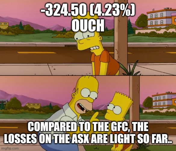 Simpsons so far | -324.50 (4.23%)
OUCH; COMPARED TO THE GFC, THE LOSSES ON THE ASX ARE LIGHT SO FAR.. | image tagged in simpsons so far | made w/ Imgflip meme maker