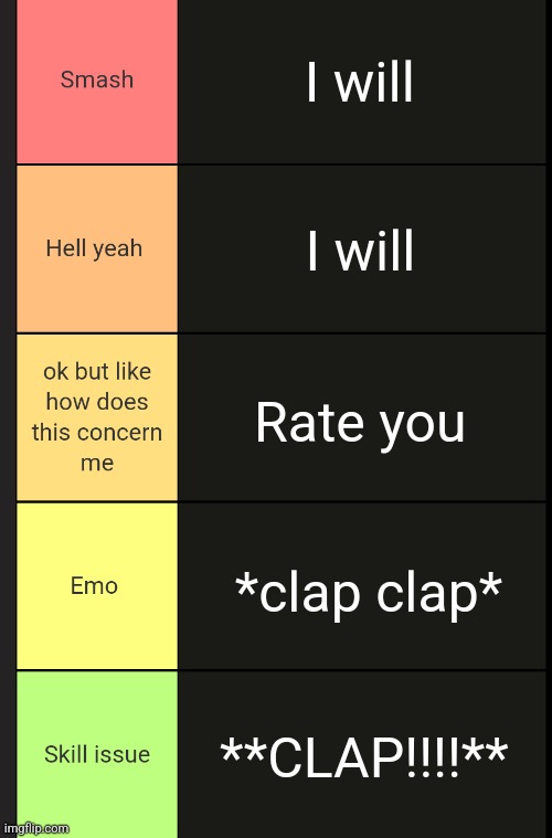 Celcius tierlist maker | I will; I will; Rate you; *clap clap*; **CLAP!!!!** | image tagged in celcius tierlist maker | made w/ Imgflip meme maker