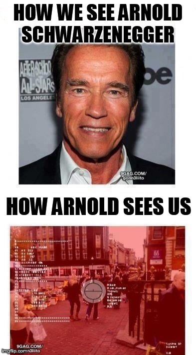 Arnold Schwarzenegger | HOW WE SEE ARNOLD SCHWARZENEGGER  HOW ARNOLD SEES US | image tagged in nerdy,arnold schwarzenegger | made w/ Imgflip meme maker