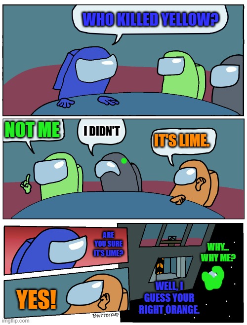 Among Us Meeting | WHO KILLED YELLOW? NOT ME; I DIDN'T; IT'S LIME. ARE YOU SURE IT'S LIME? WHY... WHY ME? WELL, I GUESS YOUR RIGHT ORANGE. YES! | image tagged in among us meeting | made w/ Imgflip meme maker