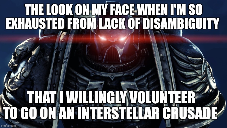 Space Marines | THE LOOK ON MY FACE WHEN I'M SO EXHAUSTED FROM LACK OF DISAMBIGUITY; THAT I WILLINGLY VOLUNTEER TO GO ON AN INTERSTELLAR CRUSADE | image tagged in space marines | made w/ Imgflip meme maker