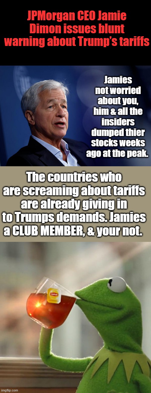 JPMorgan CEO Jamie Dimon issues blunt warning about Trump’s tariffs; Jamies not worried about you, him & all the insiders dumped thier stocks weeks ago at the peak. The countries who are screaming about tariffs are already giving in to Trumps demands. Jamies a CLUB MEMBER, & your not. | image tagged in memes,but that's none of my business | made w/ Imgflip meme maker
