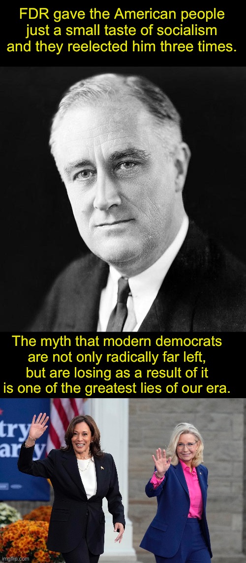 I feel like paling around with the Cheneys automatically disqualifies you from being left leaning in any way. | FDR gave the American people just a small taste of socialism and they reelected him three times. The myth that modern democrats are not only radically far left, but are losing as a result of it is one of the greatest lies of our era. | image tagged in fdr promise,kamala harris,democrats,fdr,socialism | made w/ Imgflip meme maker