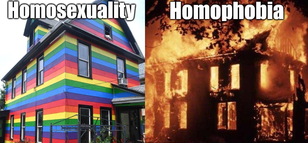 Homosexuality; Homophobia | image tagged in house fire | made w/ Imgflip meme maker