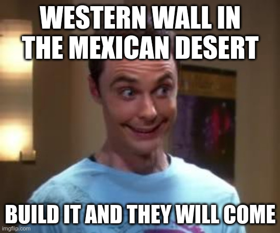 You can take the original. Do not care. Replica is just as good when you are not exploding regularly | WESTERN WALL IN THE MEXICAN DESERT; BUILD IT AND THEY WILL COME | image tagged in sheldon cooper smile | made w/ Imgflip meme maker