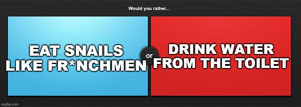 Would you rather | DRINK WATER FROM THE TOILET; EAT SNAILS LIKE FR*NCHMEN | image tagged in would you rather | made w/ Imgflip meme maker