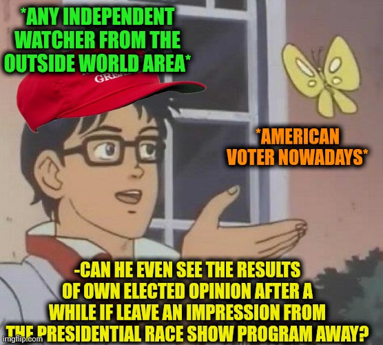 -Wow, so unexpected methods to fix the fire! | *ANY INDEPENDENT WATCHER FROM THE OUTSIDE WORLD AREA*; *AMERICAN VOTER NOWADAYS*; -CAN HE EVEN SEE THE RESULTS OF OWN ELECTED OPINION AFTER A WHILE IF LEAVE AN IMPRESSION FROM THE PRESIDENTIAL RACE SHOW PROGRAM AWAY? | image tagged in memes,is this a pigeon,election 2020,i see what you did there,declaration of independence,impressive | made w/ Imgflip meme maker