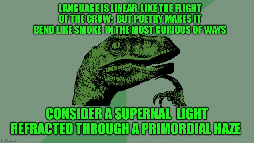 Philosophy Dinosaur | LANGUAGE IS LINEAR, LIKE THE FLIGHT OF THE CROW;  BUT POETRY MAKES IT BEND LIKE SMOKE  IN THE MOST CURIOUS OF WAYS; CONSIDER A SUPERNAL  LIGHT REFRACTED THROUGH A PRIMORDIAL HAZE | image tagged in philosophy dinosaur | made w/ Imgflip meme maker