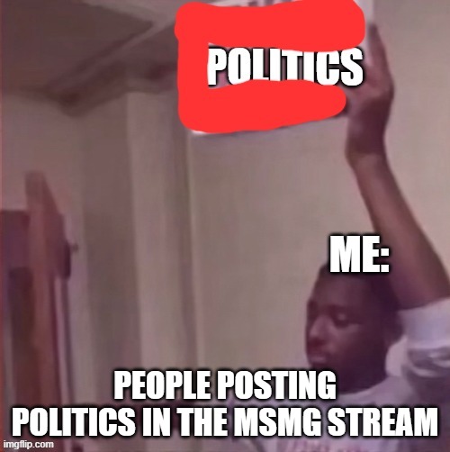 ME:; PEOPLE POSTING POLITICS IN THE MSMG STREAM | made w/ Imgflip meme maker