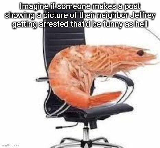 chair shrimp | Imagine if someone makes a post showing a picture of their neighbor Jeffrey getting arrested that'd be funny as hell | image tagged in chair shrimp | made w/ Imgflip meme maker