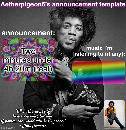 Aetherpigeon5's announcement template | Two minutes under 4h 20m (real) | image tagged in aetherpigeon5's announcement template | made w/ Imgflip meme maker