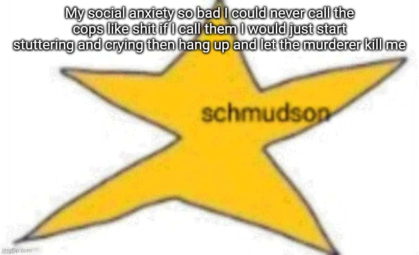 schmudson star | My social anxiety so bad I could never call the cops like shit if I call them I would just start stuttering and crying then hang up and let the murderer kill me | image tagged in schmudson star | made w/ Imgflip meme maker