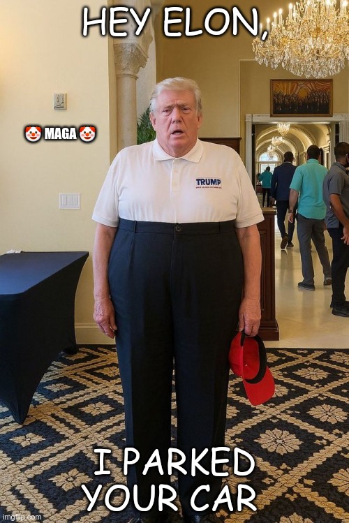 The valet | HEY ELON, 🤡 MAGA 🤡; I PARKED YOUR CAR | image tagged in trump,gop,maga,nazi,fascist,musk | made w/ Imgflip meme maker