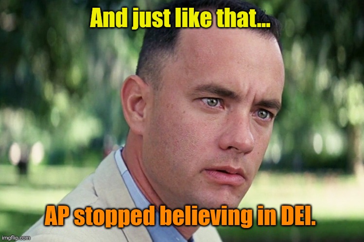 And Just Like That Meme | And just like that... AP stopped believing in DEI. | image tagged in memes,and just like that | made w/ Imgflip meme maker