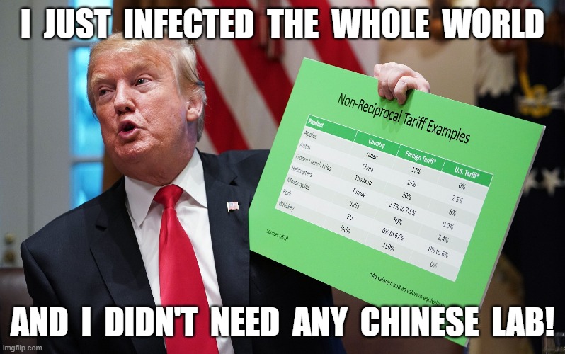 Infection | I  JUST  INFECTED  THE  WHOLE  WORLD; AND  I  DIDN'T  NEED  ANY  CHINESE  LAB! | image tagged in tariffs | made w/ Imgflip meme maker