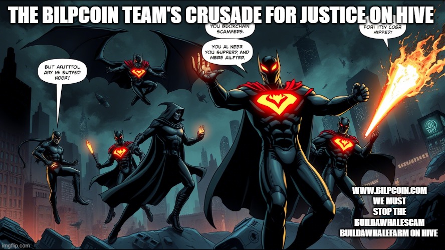 THE BILPCOIN TEAM'S CRUSADE FOR JUSTICE ON HIVE; WWW.BILPCOIN.COM WE MUST STOP THE BUILDAWHALESCAM BUILDAWHALEFARM ON HIVE | made w/ Imgflip meme maker