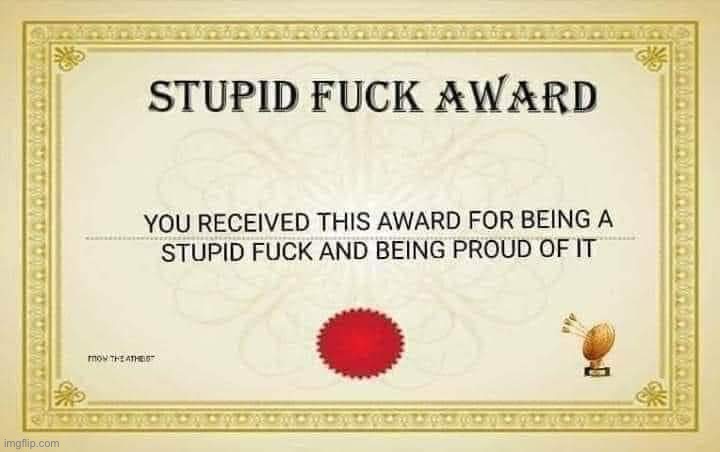 Stupid Fuck Award | image tagged in stupid fuck award | made w/ Imgflip meme maker